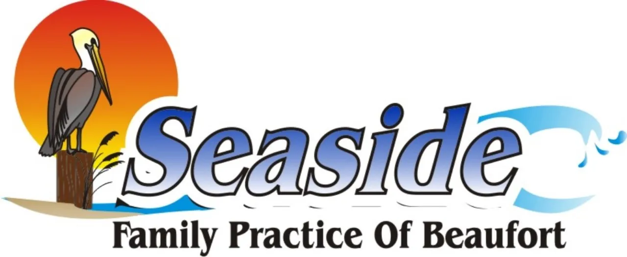 Logo with a pelican on a post, a sunset, and the text "Seaside Family Practice Of Beaufort.